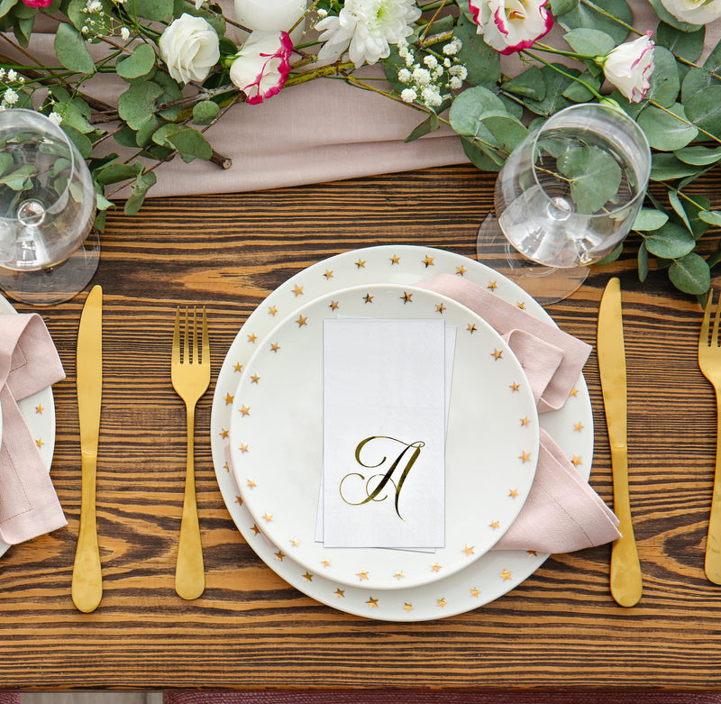 [Australia - AusPower] - 100 Gold Monogram Guest Napkins Letter A Disposable Paper Pack Elegant Metallic Golden Foil Dinner Hand Napkin for Bathroom Powder Room Wedding Holiday Birthday Party Baby Shower Decorative Towels 