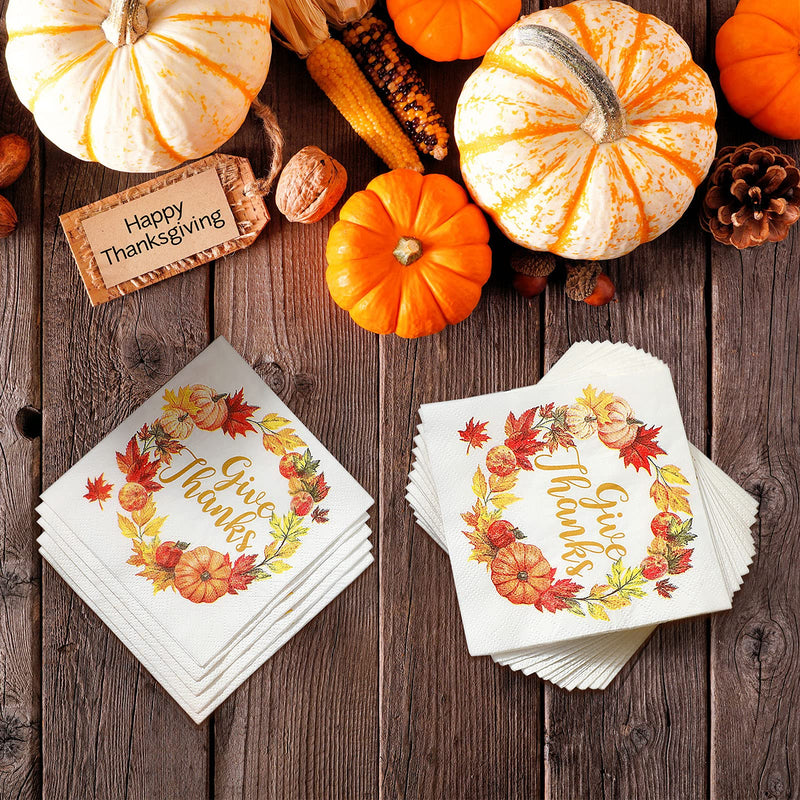 [Australia - AusPower] - Give Thanks Napkin White Thanksgiving Napkins Paper Thanksgiving Dinner Napkins Disposable Fall Luncheon Napkins Leaf Pumpkin Garland Autumn Napkins Paper for Dinner Thanksgiving Party (100) 100 