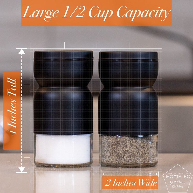 [Australia - AusPower] - HOME EC Glass Salt and Pepper Shakers Set with Adjustable Pour Holes - Stainless Steel Salt Shaker and Pepper Shaker - Farmhouse Salt and Pepper Shaker Set for Himalayan, Kosher Sea Salts & Spices Black 