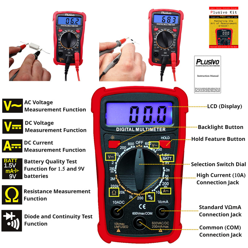 [Australia - AusPower] - Digital Multimeter AC DC Voltmeter Ohm Volt Amp Tester Continuity, Battery and Diode Multi Tester with Set of Test Leads, Probes, Test Clips, Dupont Wires, Crocodile Clips, Wire Stripper from Plusivo 
