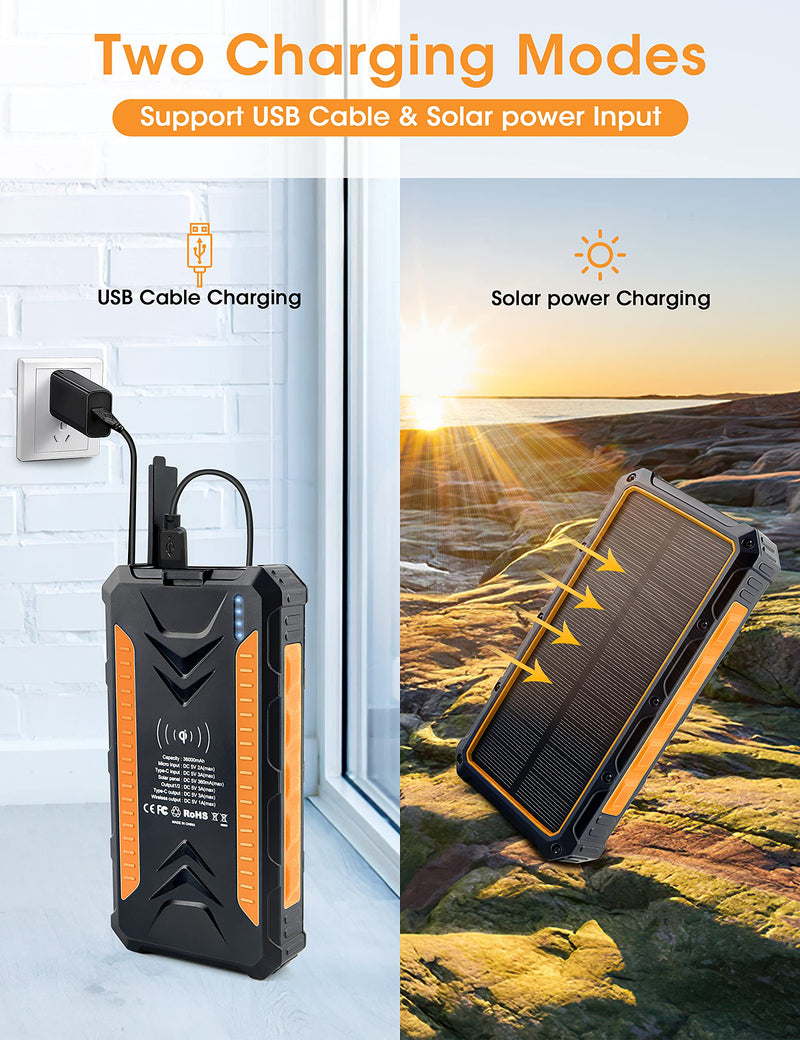 [Australia - AusPower] - Solar Power Bank 36000 mAh, DJROLL Wireless Portable Charger Quick Charge, Solar Charger, Flashlight External Battery Portable Charger Power Bank for iOS and Android Orange 