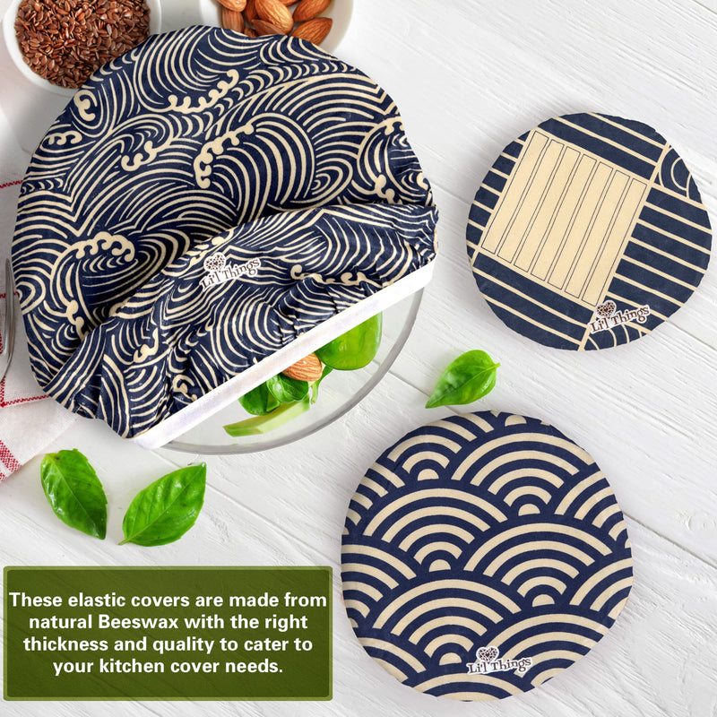 [Australia - AusPower] - Eco-friendly Reusable Beeswax Bowl Covers With elastic Available in 5 sizes and in 5 different themes A Sustainable Alternative to plastic cling wrap and foil. (Japanese Waves) Japanese Waves 