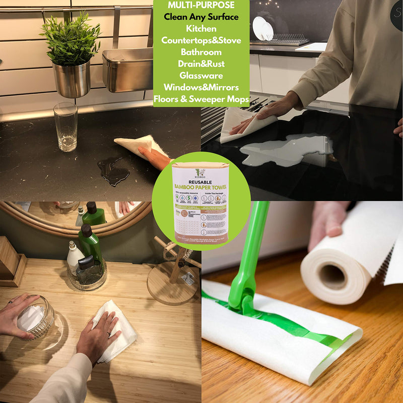 [Australia - AusPower] - Bamboo Paper Towels | Washable Reusable Paper Towels, 2 Rolls,(40 Sheets)1 Year Supply & Loofah Sponge & Dish Scrub Brush | Eco Friendly Paper Towel Alternative | Zero Waste Gift Set 