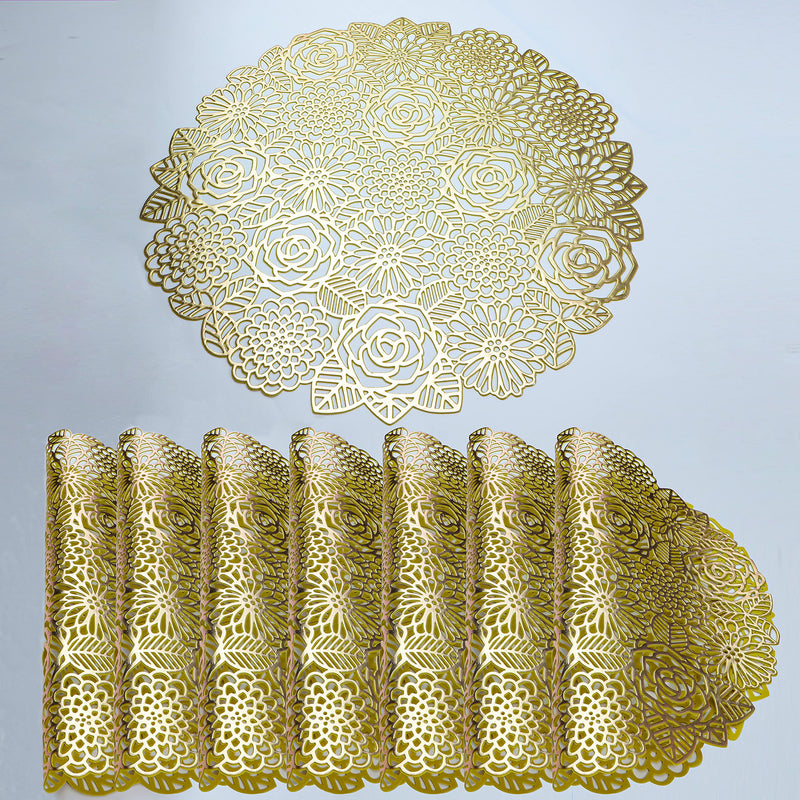[Australia - AusPower] - Rose Leaf Round Gold Placemats Set of 6 15" Dining Table Set Pressed Vinyl Metallic Hollow Out Placemats for Valentine Wedding Party Non-Slip Floral Place Mats Snowkingdom 
