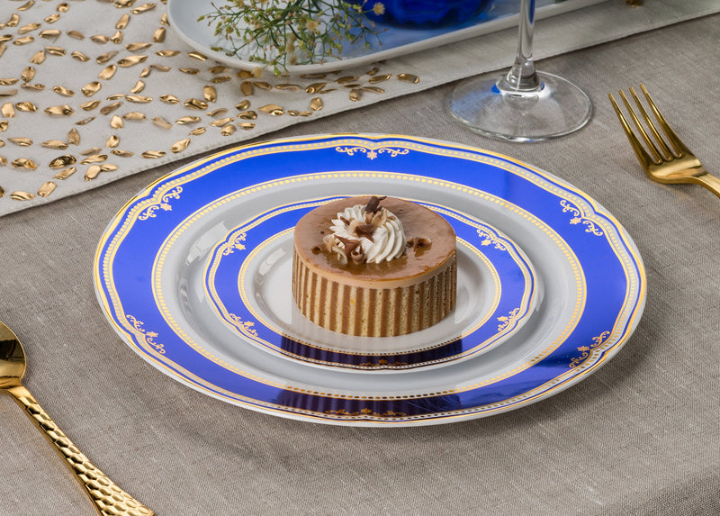 [Australia - AusPower] - [40 Count - 6" Plates] Laura Stein Designer Tableware Premium Heavyweight Plastic White Dessert Plate With Blue & Gold Border Plastic Party & Wedding Plate Cobalt Blue Series Disposable Dishes 40 6'' INCH PLATES 