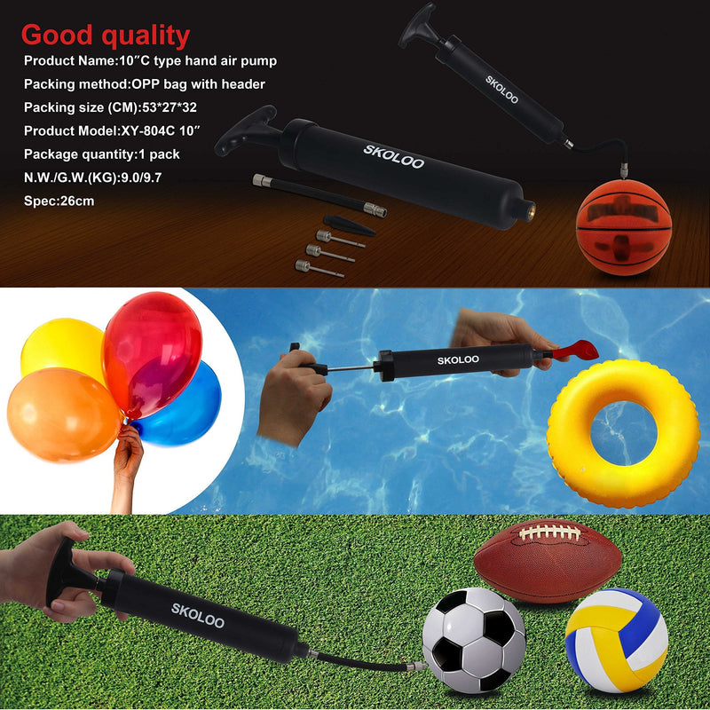 [Australia - AusPower] - Skoloo 10" Portable Hand Air Ball Pump Inflator Kit with Needle, Nozzle, Extension Hose for Soccer Basketball Football Volleyball Water Polo Rugby Exercise Sports Ball Balloon Swim Inflatables 2 Black 