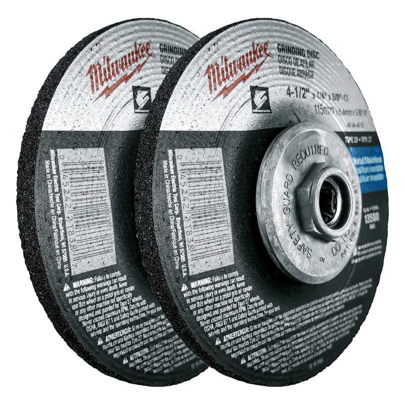 [Australia - AusPower] - Milwaukee 2 Pack - 4 1 2 Hubbed Grinding Wheel For Grinders - Aggressive Grinding For Metal & Stainless Steel - 4-1/2" x 1/4 x 7/8-Inch | Depressed 2 Pack | Hubbed 