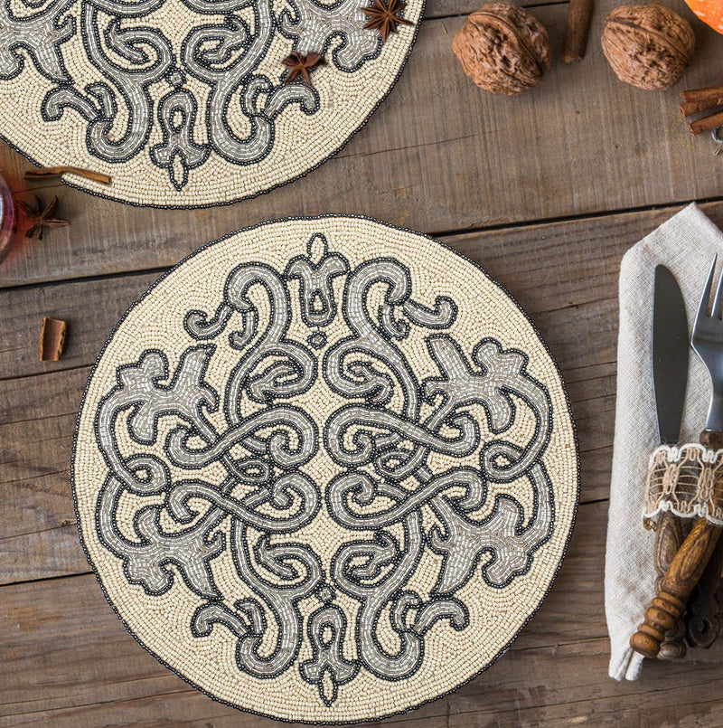 [Australia - AusPower] - Bedding Craft Round Beaded Placemats White Silver Dk Grey 13Inch Round,Placemats for Dining Table,Beaded Placemats, Beaded Charger Placemats,Holiday & Christmas Beaded Placemats,Beaded Glitz Charger 