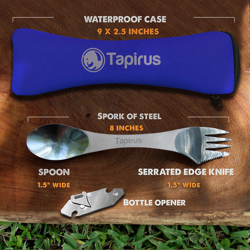 [Australia - AusPower] - Tapirus 5 Spork Of Steel Utensils Set | Durable & Rust Proof Stainless Steel | Spoon, Fork & Knife Flatware | For Camping, Fishing, Hunting & Outdoor Activities | With Bottle Opener & Carrying Case 
