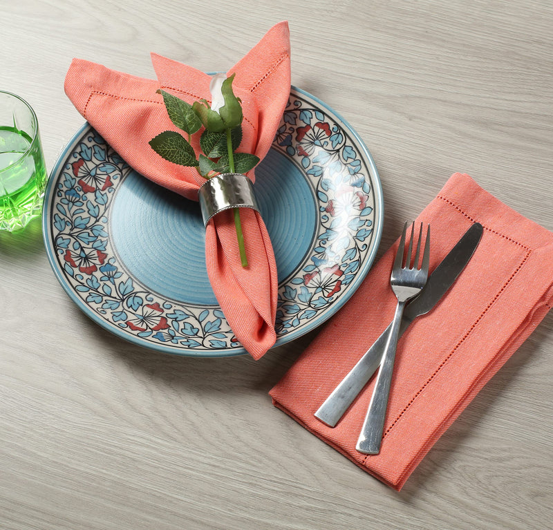 [Australia - AusPower] - Cloth Dinner Chambrey Napkins With Faggoting Hemstitched, Everyday Use, Premium Quality 100% Cotton Perfect for Parties Dinners Weddings Cocktail Christmas Napkins Washable & Reusable (Orange/pink) Orange/Pink 