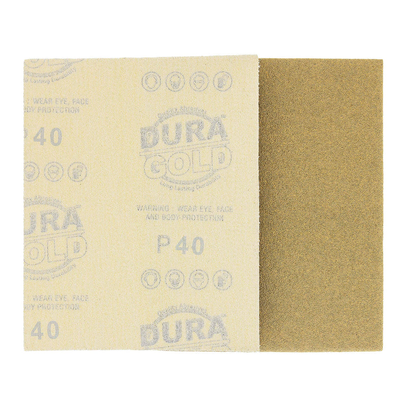 [Australia - AusPower] - Dura-Gold Premium 1/4 Sheet Gold Sandpaper Sheets, 40 Grit (Box of 16) - 4.5" x 5.5" Size Hook & Loop Backing, Wood Furniture Woodworking, Auto Paint - For Palm Sanders, Clip-On, Hand Sanding Blocks 40-Grit 