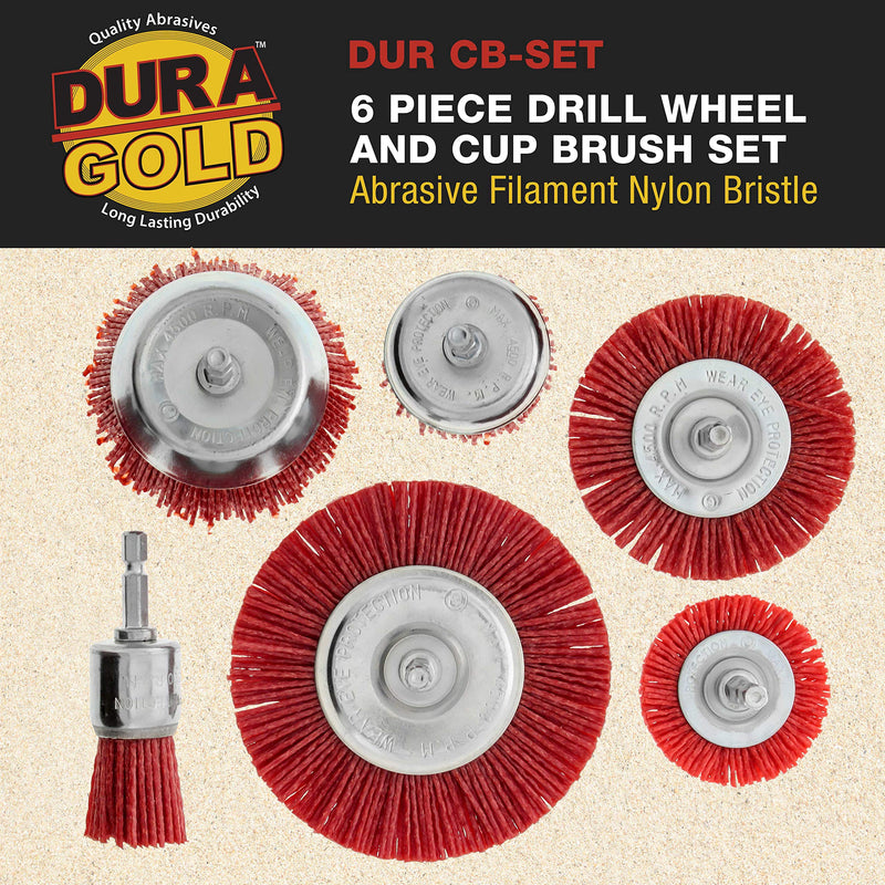 [Australia - AusPower] - Dura-Gold 6 Piece Abrasive Filament Nylon Wire Bristle Drill Wheel and Cup Brush Set - Coarse Sanding Scuffing, 1/4" Drill Shank - Remove Rust, Corrosion, Paint - Surface Prep Truck Bed Liner Coating 