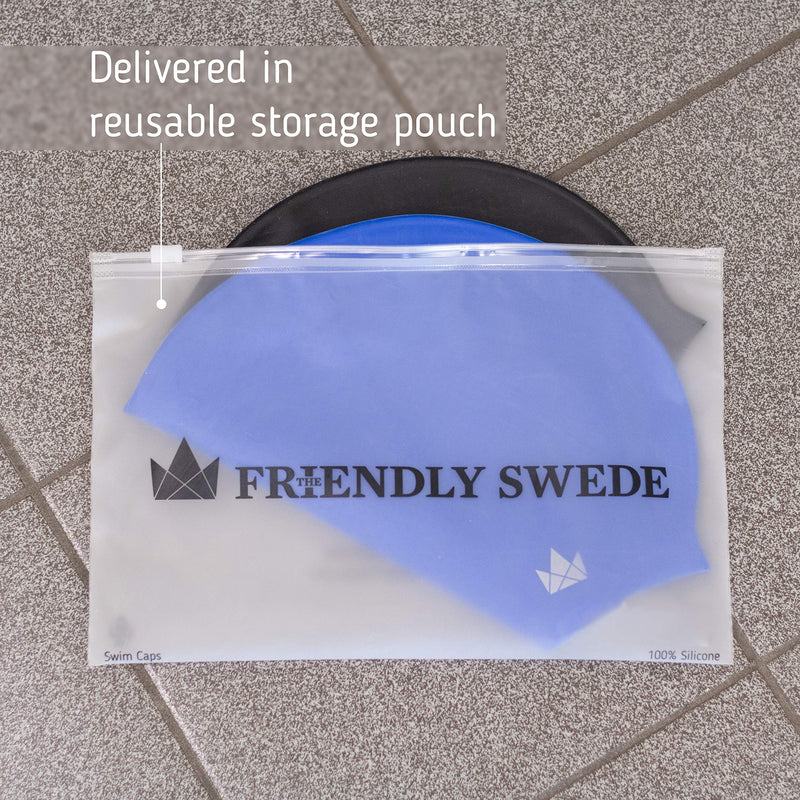 [Australia - AusPower] - The Friendly Swede Silicone Swim Cap for Men, Swim Cap Kids or Women with Short to Medium Hair (2 Pack) Blue + Black 
