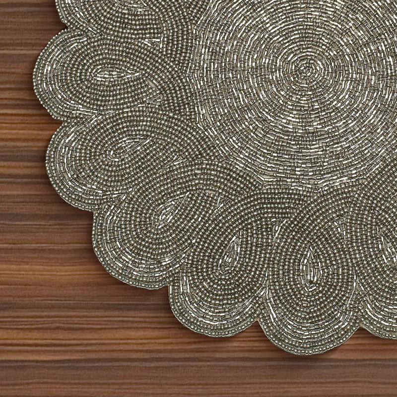 [Australia - AusPower] - Light & Pro Beaded Placemat Set of 2 - Scalloped Round Hand Beaded Charger Placemat - Gun Metal - 13 Inch Round - Hand Made by Skilled artisans - A Beautiful complement to Your Dinner Table décor 13 Inch Placemat - 2 Pack 