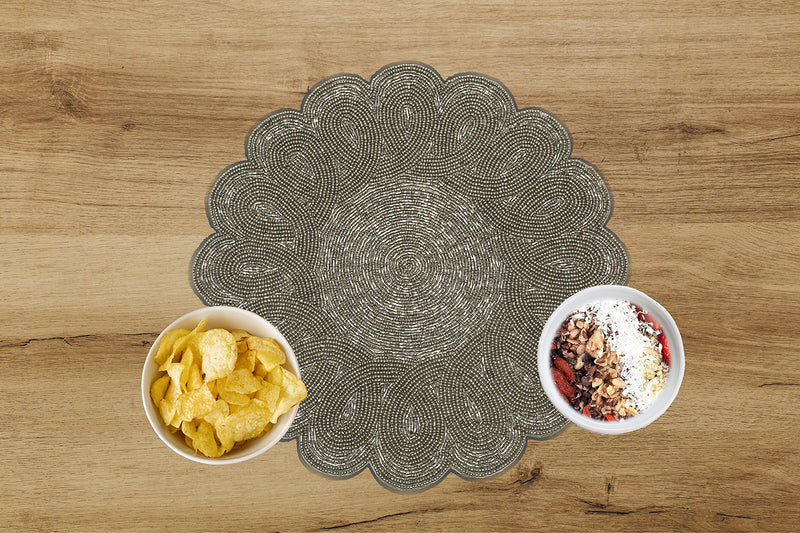 [Australia - AusPower] - Light & Pro Beaded Placemat Set of 2 - Scalloped Round Hand Beaded Charger Placemat - Gun Metal - 13 Inch Round - Hand Made by Skilled artisans - A Beautiful complement to Your Dinner Table décor 13 Inch Placemat - 2 Pack 
