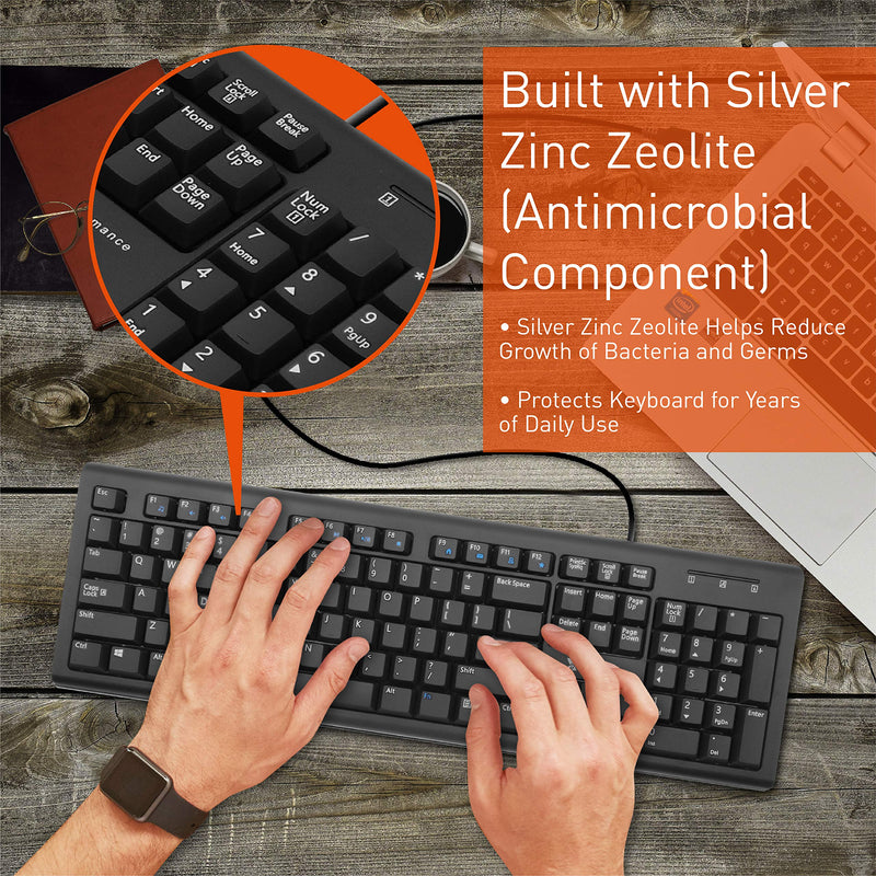 [Australia - AusPower] - X9 Performance Wired Keyboard - USB Computer Keyboard Wired, Coated with Silver Zinc Zeolite - USB Keyboard for Laptop with 5FT Cable - Wired Computer Keyboard for PC | Chromebook - Perfect for Office 