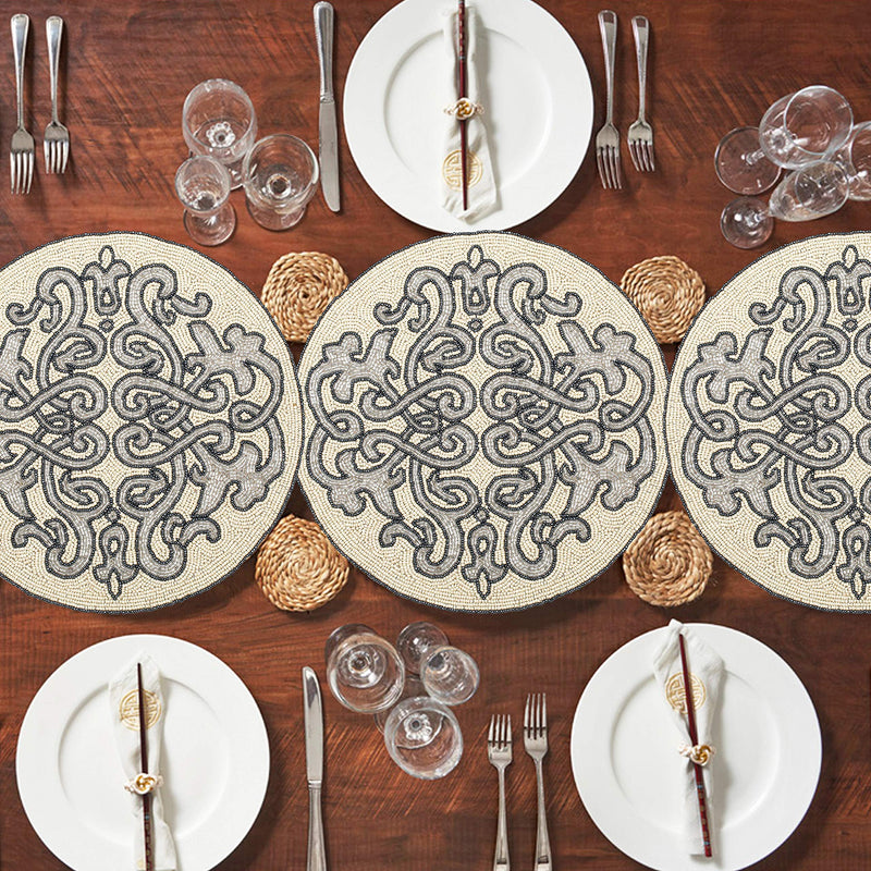 [Australia - AusPower] - Bedding Craft Round Beaded Placemats White Silver Dk Grey 13Inch Round,Placemats for Dining Table,Beaded Placemats, Beaded Charger Placemats,Holiday & Christmas Beaded Placemats,Beaded Glitz Charger 