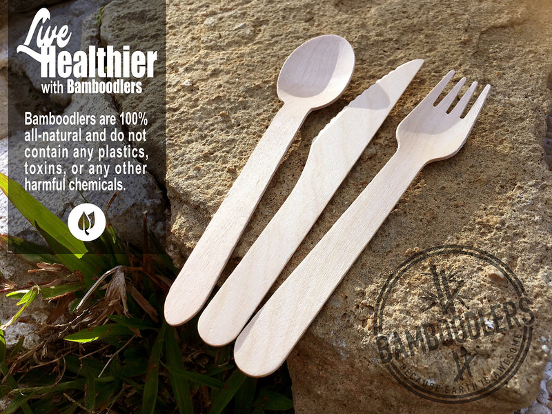 [Australia - AusPower] - BAMBOODLERS Disposable Wooden Cutlery Set | 100% All-Natural, Eco-Friendly, Biodegradable, and Compostable - Because Earth is Awesome! Pack of 200- 6.5” utensils (100 forks, 50 spoons, 50 knives) 
