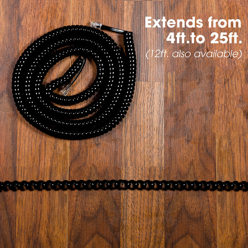 [Australia - AusPower] - Power Gear Coiled Telephone Cord, 4 Feet Coiled, 25 Feet Uncoiled, Phone Cord works with All Corded Landline Phones, For Use in Home or Office, Black, 76139 1 Pack 