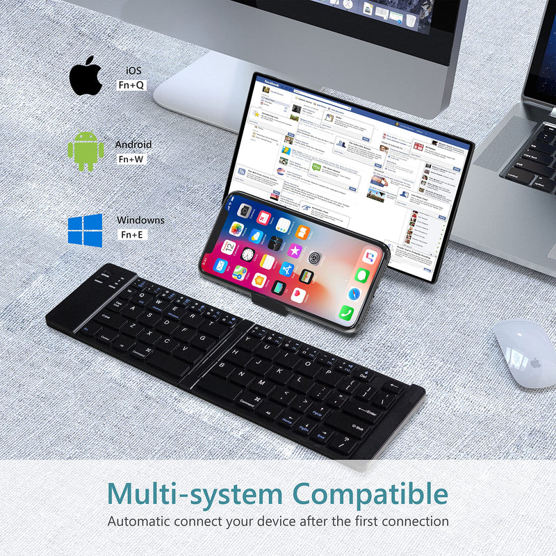 [Australia - AusPower] - Foldable Bluetooth Keyboard, Aluminum Wireless Keyboard, Bluetooth Folding Keyboard with Stand Holder, Rechargeable Pocket Sized Keyboard Compatible with iOS, Android, Windows Smartphone Tablet PC etc Black 