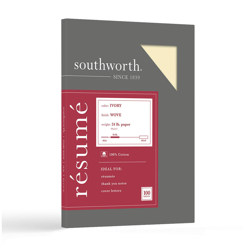 [Australia - AusPower] - Southworth® 100% Cotton Résumé Paper, 8 1/2" x 11", 24 Lb, 100% Recycled, Ivory, Pack of 100 