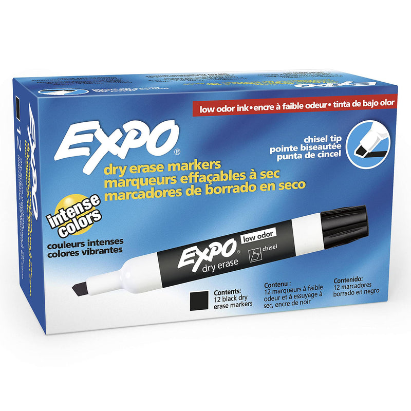 [Australia - AusPower] - Expo 80001 Low Odor Chisel Point Dry Erase Markers, Low Odor Alcohol-Based Ink, Designed for Whiteboards, Glass and Most Non-Porous Surfaces, Black, 12 Units per Box, Pack of 1 Box 