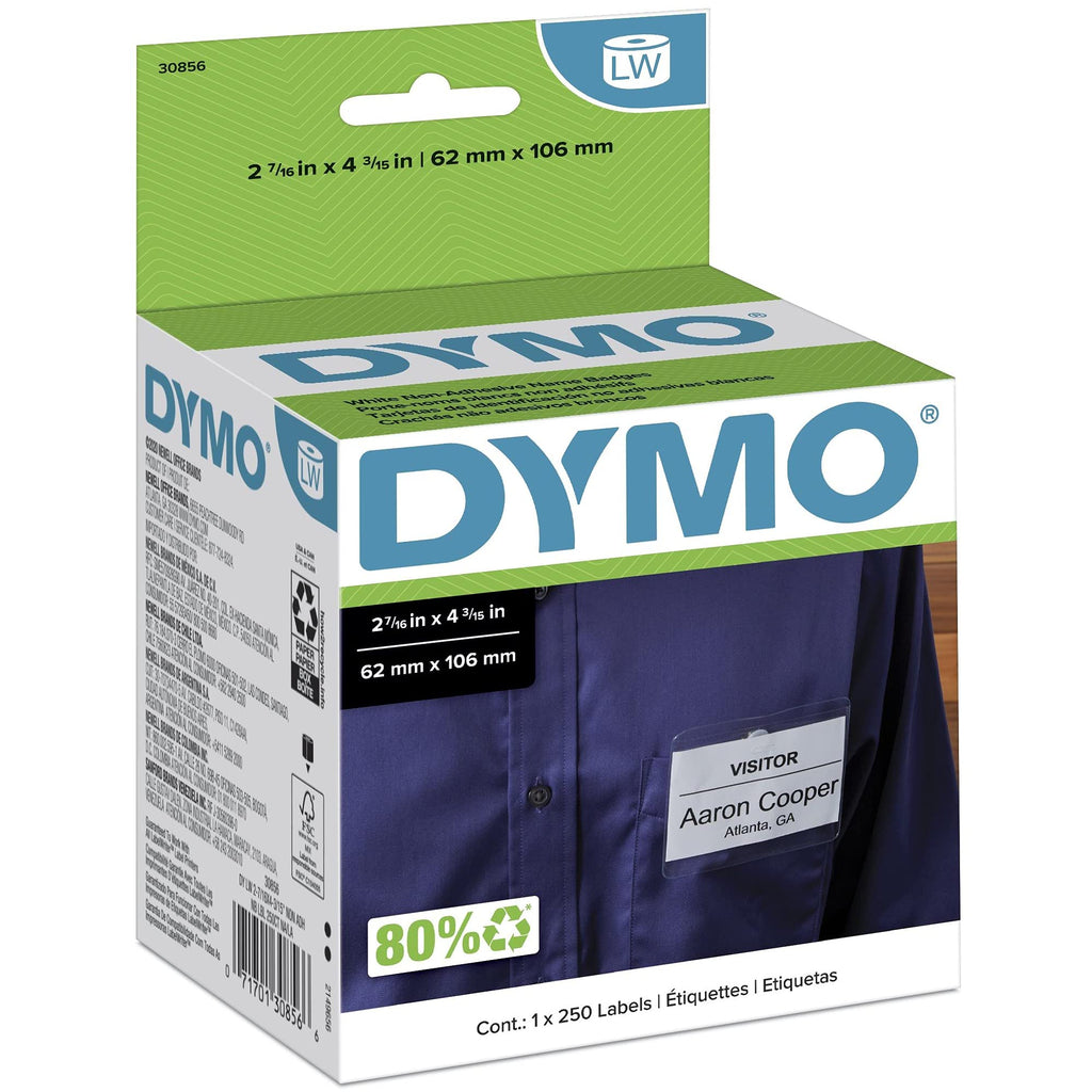 [Australia - AusPower] - DYMO 30856 LW Non-Adhesive Name Badge Labels for LabelWriter Label Printers, White, 2-7/16'' x 4-3/16'', 1 Roll of 250 