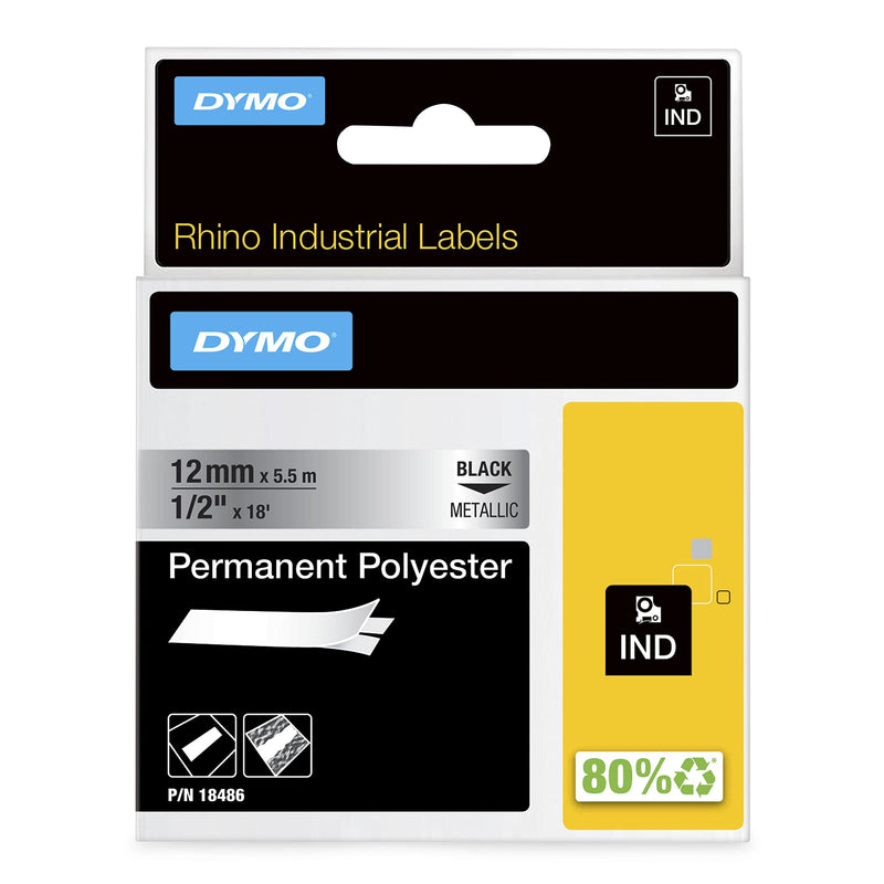 [Australia - AusPower] - DYMO Industrial Permanent Labels for DYMO LabelWriter and Industrial RhinoPro Label Makers, Black on Metallic, 1/2", 1 Roll (18486), DYMO Authentic 