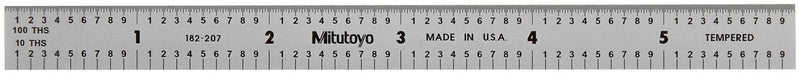 [Australia - AusPower] - Mitutoyo 182-207, Steel Rule, 6" X 150mm, (1/10, 1/100", 1mm, 1/2mm), 1/64" Thick X 1/2" Wide, Satin Chrome Finish Tempered Stainless Steel 