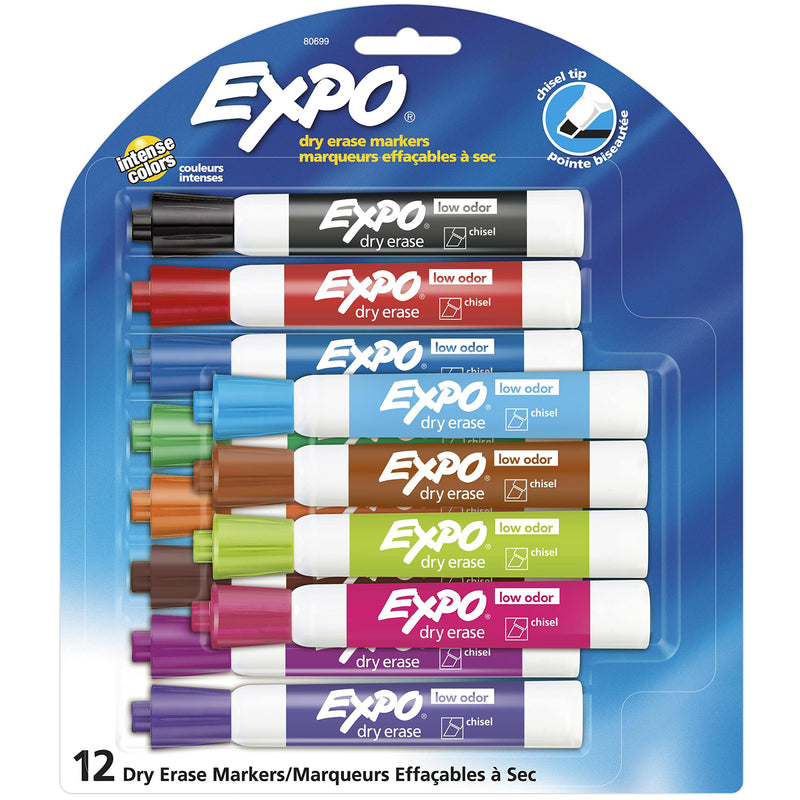 [Australia - AusPower] - EXPO Low Odor Dry Erase Markers, Chisel Tip, Assorted Colors, 12 Count 12 Count (Pack of 1) 