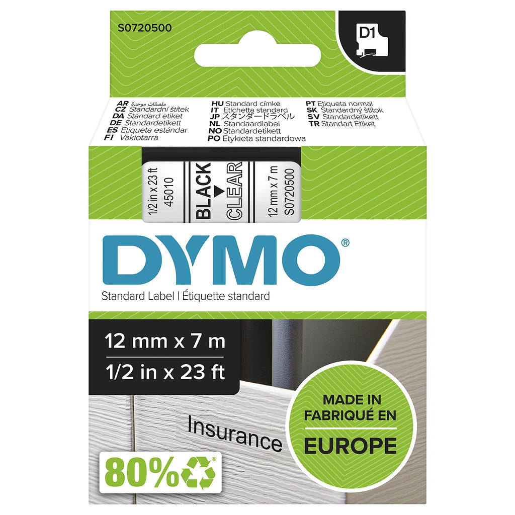 [Australia - AusPower] - DYMO Standard D1 45010 Labeling Tape ( Black Print on Clear Tape , 1/2'' W x 23' L , 1 Cartridge) 