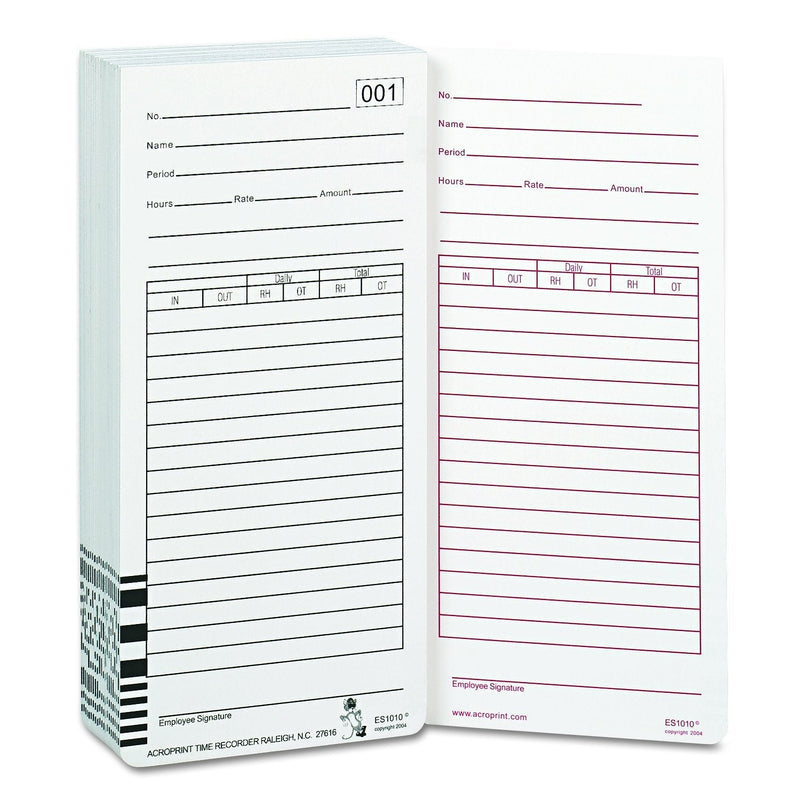 [Australia - AusPower] - Acroprint 09-9111-000 Totalizing Payroll Recorder Time Cards ES1010, Pack of 100 Cards, Numbered, Employee Signature Line 
