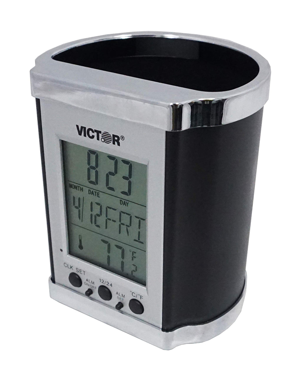 [Australia - AusPower] - Victor PH500 Electronic Pencil Cup w/LCD Display, Temperature in Farenheit & Celsius, Time, Date, Day of Week, Great for Home and Office Desks, Black & Chrome 