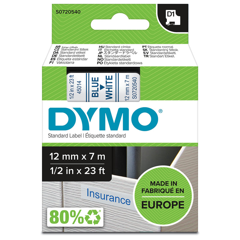 [Australia - AusPower] - Dymo D1 Standard Labelling Tape 12mm x 7m - Blue on White 1 count 