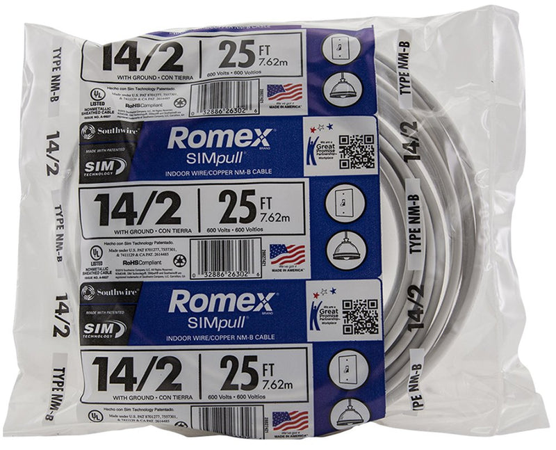 [Australia - AusPower] - Southwire 28827421 25' 14/2 with ground Romex brand SIMpull residential indoor electrical wire type NM-B, White 