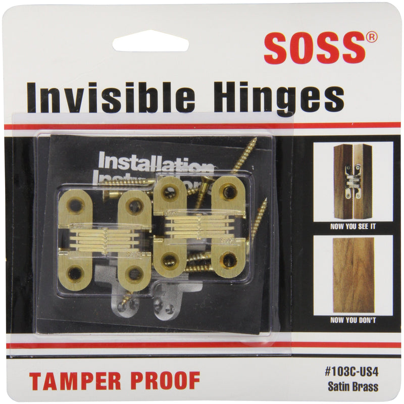 [Australia - AusPower] - SOSS Mortise Mount Invisible Hinges with 4 Holes, Zinc, Satin Brass Finish, 1-1/2" Leaf Height, 1/2" Leaf Width, 19/32" Leaf Thickness, 6 x 1" Screw Size (1 Pair) 