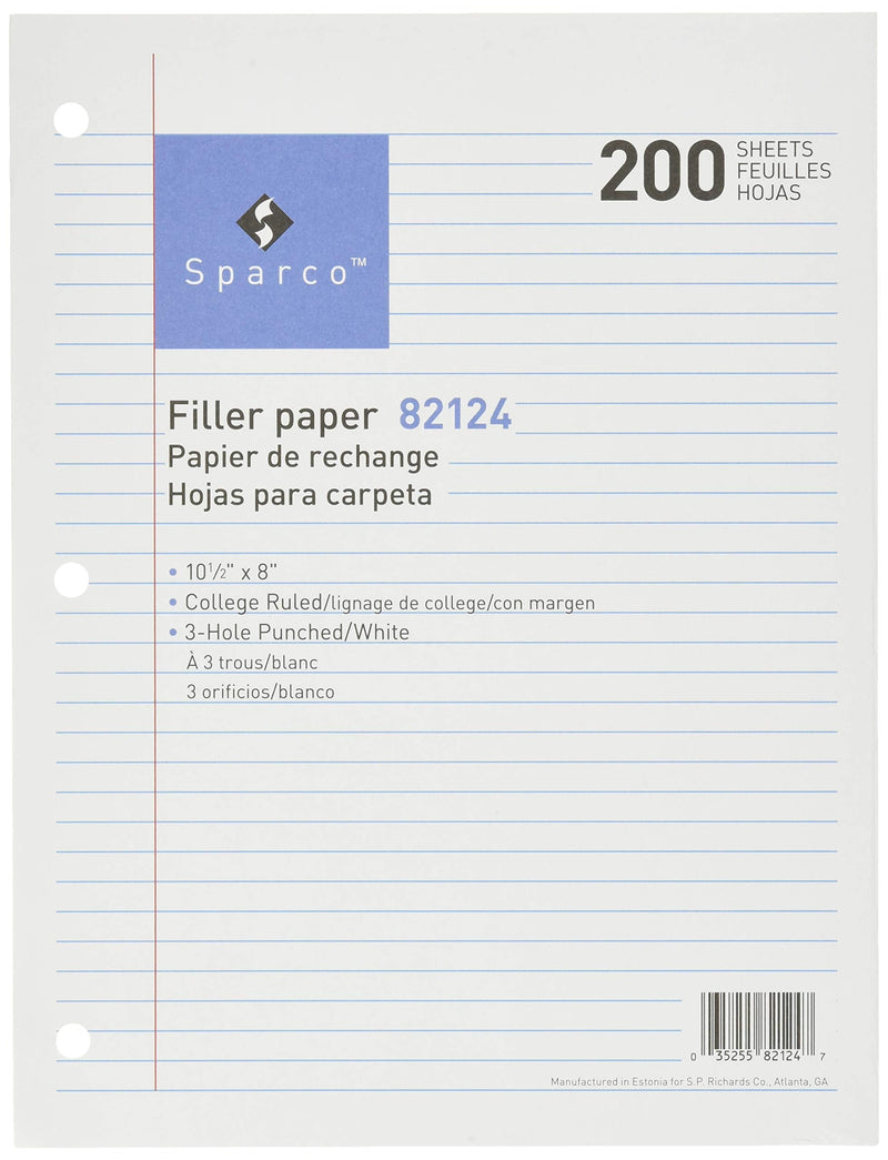 [Australia - AusPower] - Sparco 82124-Parent Filler Paper, College Ruled, 16lb., 10-1/2 x 8 Inches, 200/Pack, WE 200 sheets 