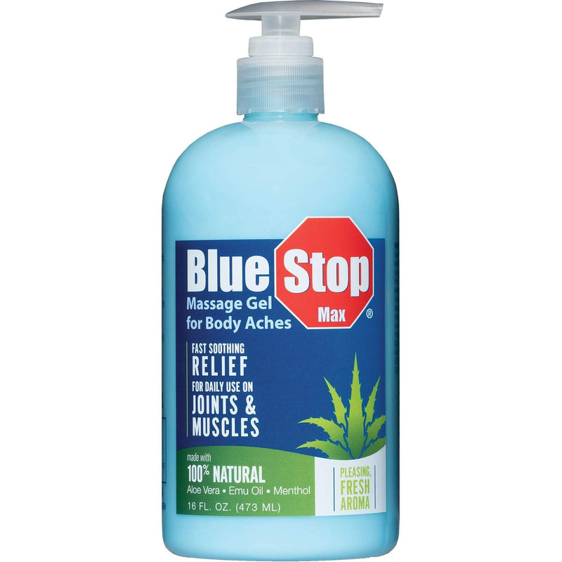 [Australia - AusPower] - Blue Stop Max Massage Gel and Muscle Rub Made with Aloe Vera, Emu Oil, and Menthol - Provides Muscle, Joint, and Body Ache Relief - Non-Greasy for Everyday Relief - 16 Oz Pump Bottle 16 Fl Oz (Pack of 1) 