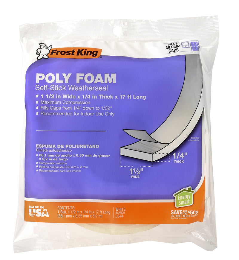 [Australia - AusPower] - Frost King L344H Poly Foam Self-Stick Weatherseal Tape with Open Cell & Maximum Compression, White 1-1/2in Wide x 1/4in Thick x 17ft Long 