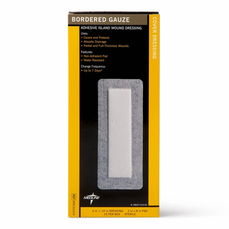 [Australia - AusPower] - Medline Bordered Gauze, 4" x 10" Adhesive Island Wound Dressing, Sterile, 15 Count 4" X 10" (2" X 8" pad) 