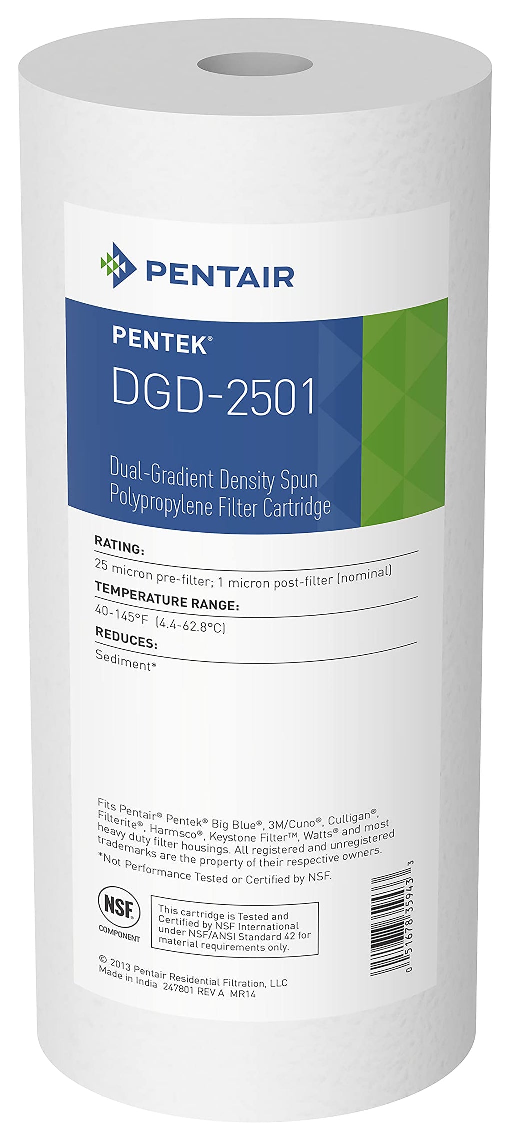 [Australia - AusPower] - Pentair Pentek DGD-2501 Big Blue Sediment Water Filter, 10-Inch, Whole House Heavy Duty Dual-Gradient Density Spun Polypropylene Replacement Filter Cartridge, 10" x 4.5", 1 Micron Pack of 1 