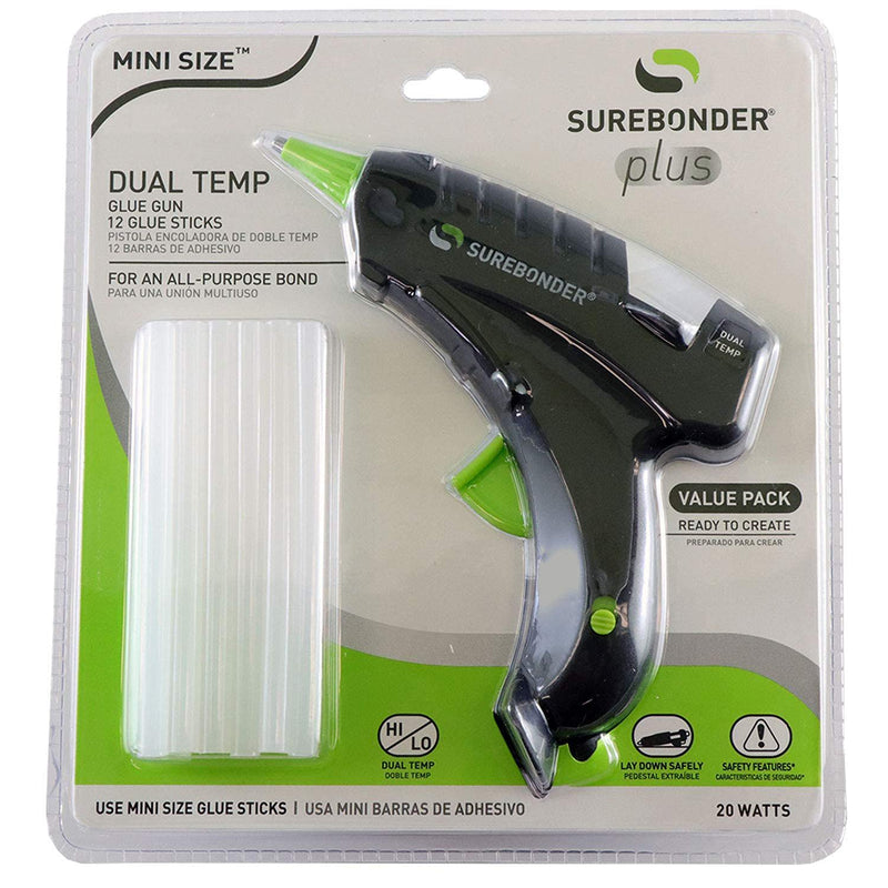 [Australia - AusPower] - Surebonder Mini Hot Glue Gun With Dual Temperature, Includes 12 Glue Sticks, 20W, 120V, Bond a Variety of Materials Including Delicate Fabrics and Strong Woods & Metals (Plus Series DT-200FKIT) 