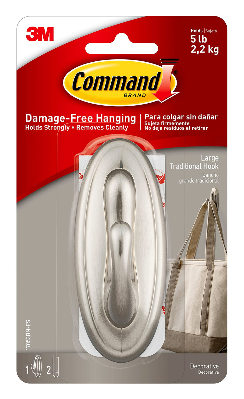 [Australia - AusPower] - Command Large Traditional Plastic Hook, Brushed Nickel, 1-Hook, 2-Strips, Organize Damage-Free 1 Hook 