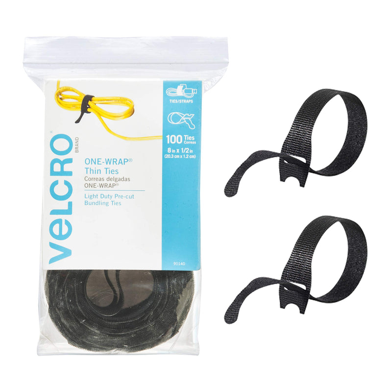 [Australia - AusPower] - VELCRO Brand ONE-WRAP Cable Ties, 100Pk, 8 x 1/2" Black Cord Organization Straps, Thin Pre-Cut Design, Wire Management for Organizing Home, Office and Data Centers 