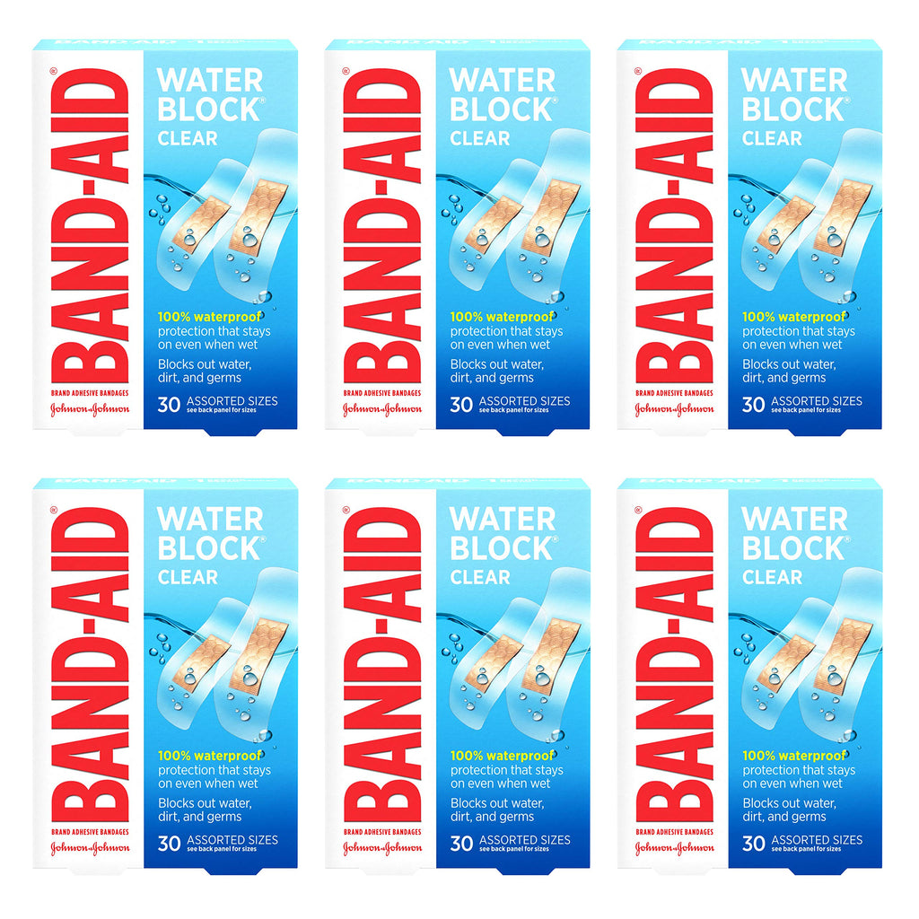 [Australia - AusPower] - Band-Aid Brand Water Block Clear Waterproof Sterile Adhesive Bandages for First-Aid Wound Care of Minor Cuts and Scrapes, Assorted Sizes, 30 ct (Pack of 6) Clear Assorted 30 Count (Pack of 6) 