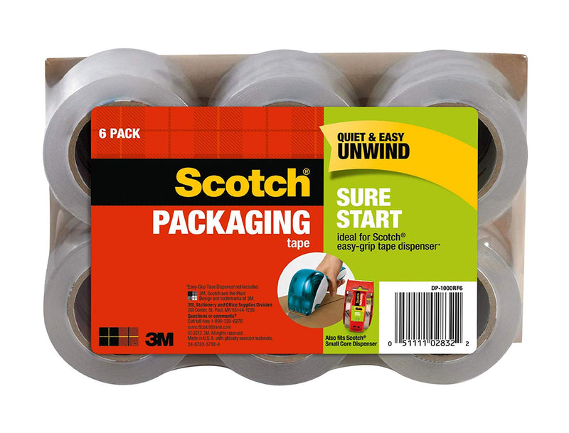 [Australia - AusPower] - Scotch Sure Start Shipping Packaging Tape, 1.88" x 25 yd, Designed for Packing, Shipping and Mailing, Quiet Unwind, No Splitting or Tearing, 1.5" Core, Clear, 6 Rolls (DP-1000RF6) 