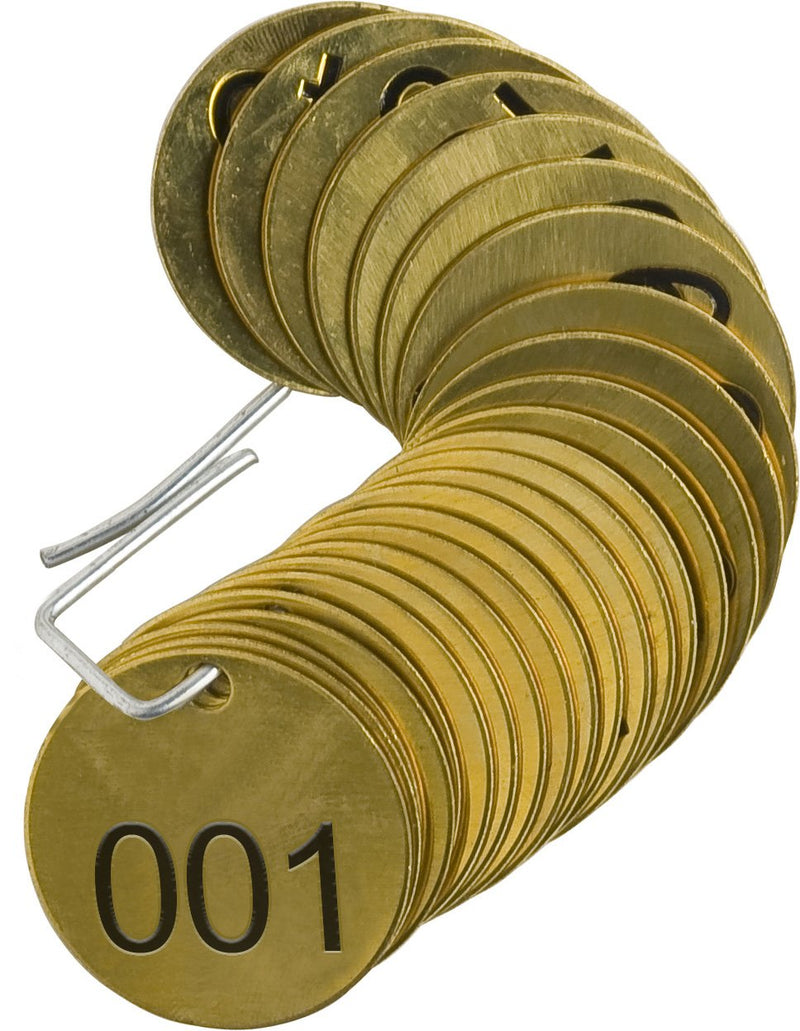 [Australia - AusPower] - Brady 23200 1-1/2" Diameter, B-907 Brass, Brass Color, Number Sequence 001-025 Round Stamped Brass Valve Tags, Top Line Legend (Blank) (Pack Of 25) 