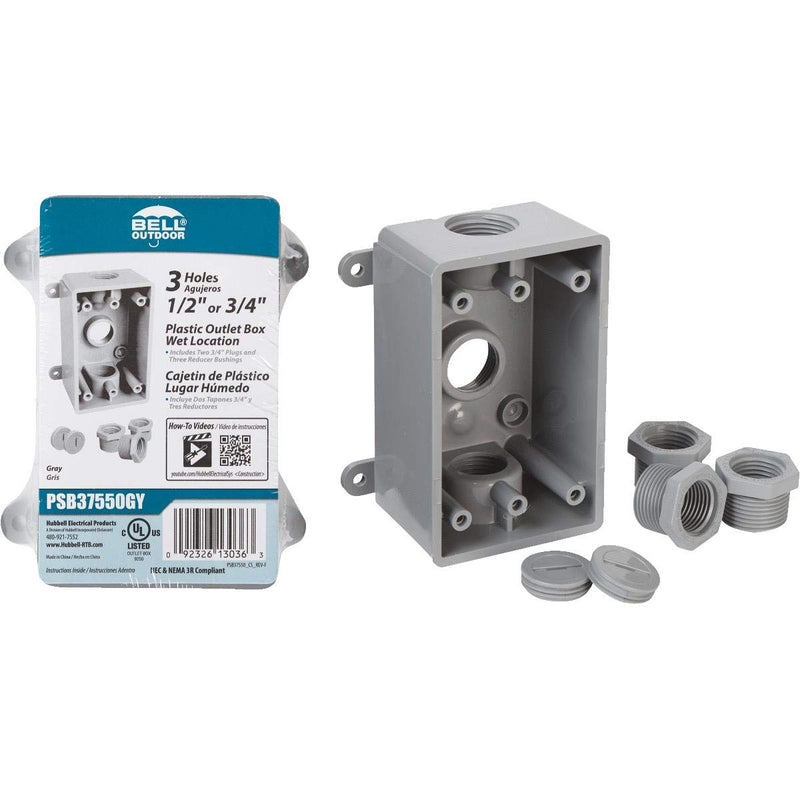 [Australia - AusPower] - BELL PSB37550GY Single-Gang Weatherproof Three 1/2 in. or 3/4 in. Threaded Outlets, 2 in, Gray 