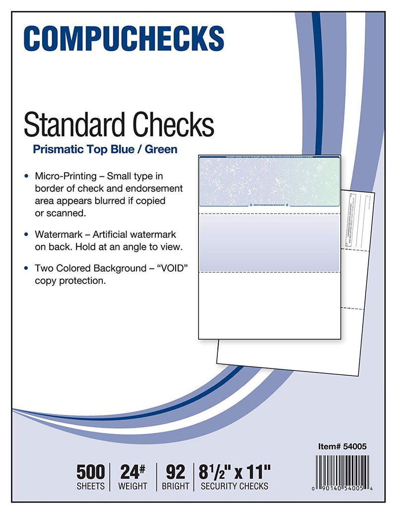 [Australia - AusPower] - Compuchecks Security Check Paper - 500 Top Blank Business Checks Compatible with QuickBooks & Any Laser Inkjet Printer Use for Payroll, Paycheck, Accounts Payable or Personal (Blue/Green Prismatic) Blue/Green Prismatic 