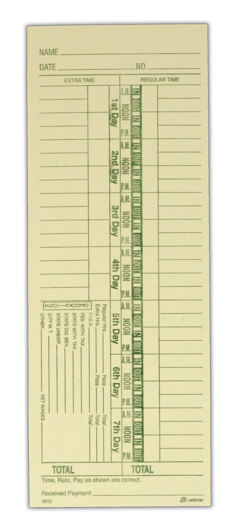 [Australia - AusPower] - Adams Time Cards, Weekly, 1-Sided, Numbered Days, 3-3/8" x 9", Manila, Green Print, 200-Count (9652-200) 
